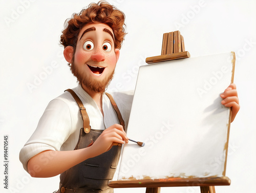cartoon artist in a beret painting on a canvas with an intense passionate expression softly lit on a white background 4k