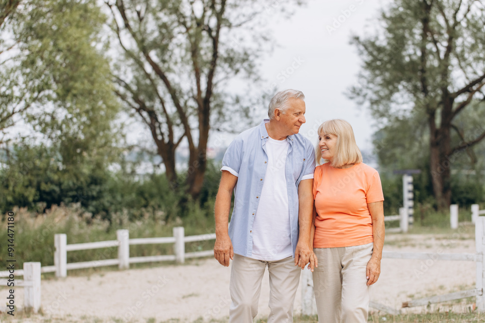 Happy Senior Couple Walking Hand in Hand in a Park Happy Senior Couple Walking Hand in Hand in a Park