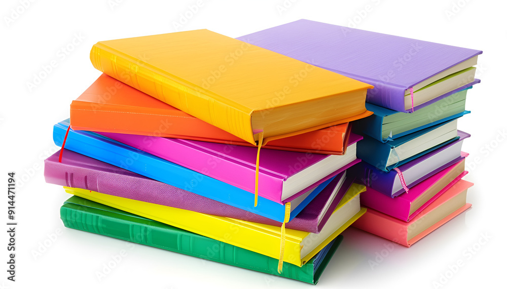 Many bright colorful books against white background Many bright colorful books against white background