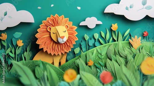 paper cut style illustration lion colorful 3d filed green hills whimsical clouds