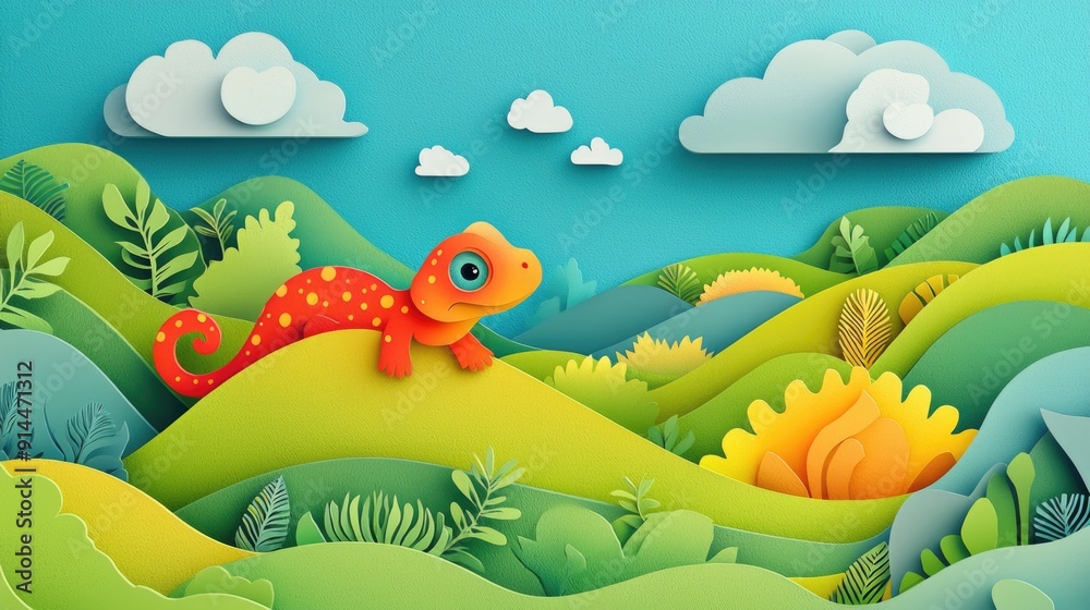 Fototapeta premium paper cut style illustration lizard colorful 3d filed green hills whimsical clouds
