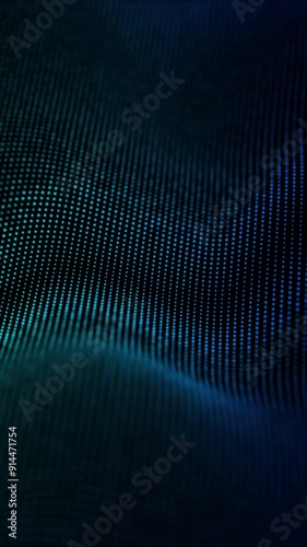 Abstract Vertical blue wave form animated loop with blue light digital effect on black background. Network communication wave signal technology futuristic concept. 