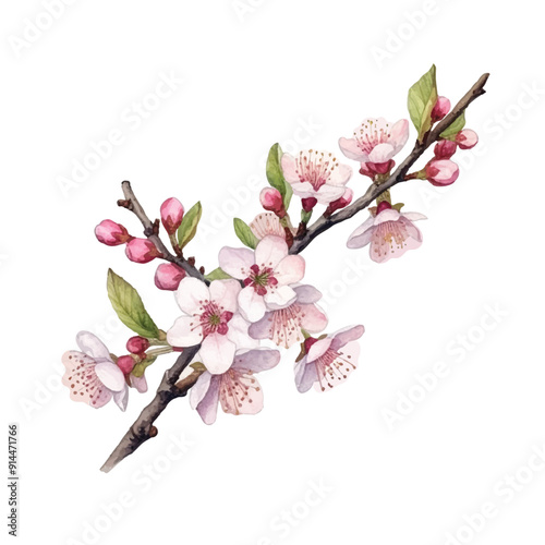 watercolor a sprig of blossom of spring season vector ilustration, white background