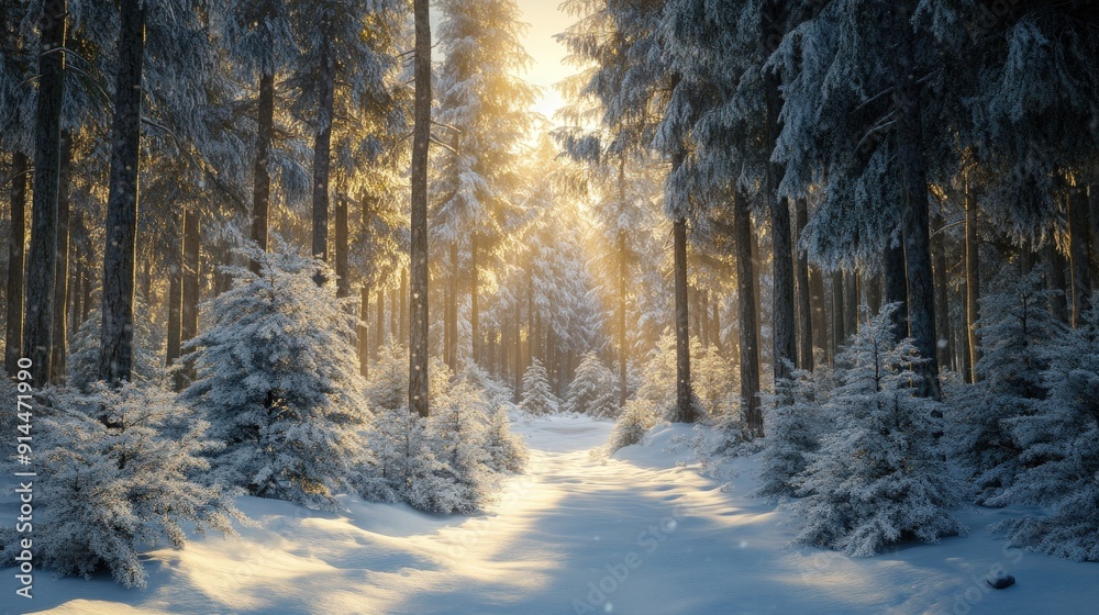 Snow blankets the ground and pine trees as warm sunlight shines through, creating a peaceful winter atmosphere in the forest Snow blankets the ground and pine trees as warm sunlight shines through, creating a peaceful winter atmosphere in the forest