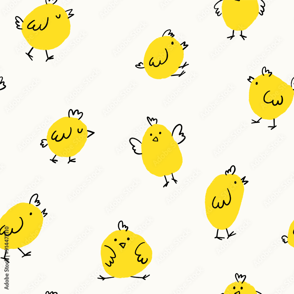 Pattern with chick character hand drawn. Vector illustration in doodle style. Happy Easter animal element with yellow chicks. Kids vector illustration.