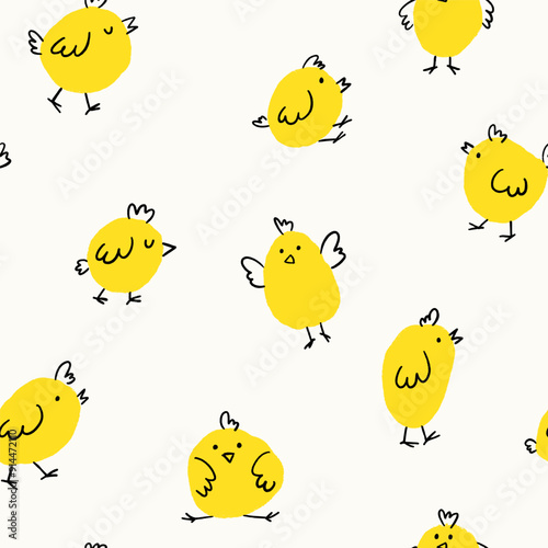 Pattern with chick character hand drawn. Vector illustration in doodle style. Happy Easter animal element with yellow chicks. Kids vector illustration.