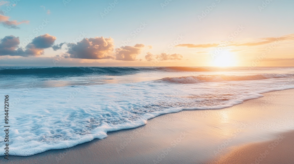 Serene sunrise over a quiet beach with gentle waves, capturing the beauty of the early morning light and ample copy space. Serene sunrise over a quiet beach with gentle waves, capturing the beauty of the early morning light and ample copy space.