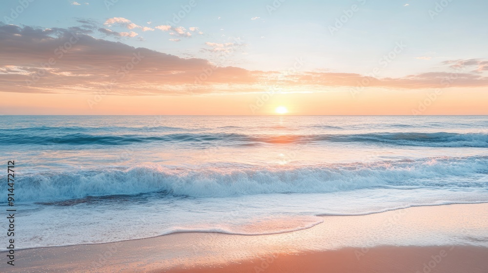 Serene sunrise over a quiet beach with gentle waves, capturing the beauty of the early morning light and ample copy space. Serene sunrise over a quiet beach with gentle waves, capturing the beauty of the early morning light and ample copy space.