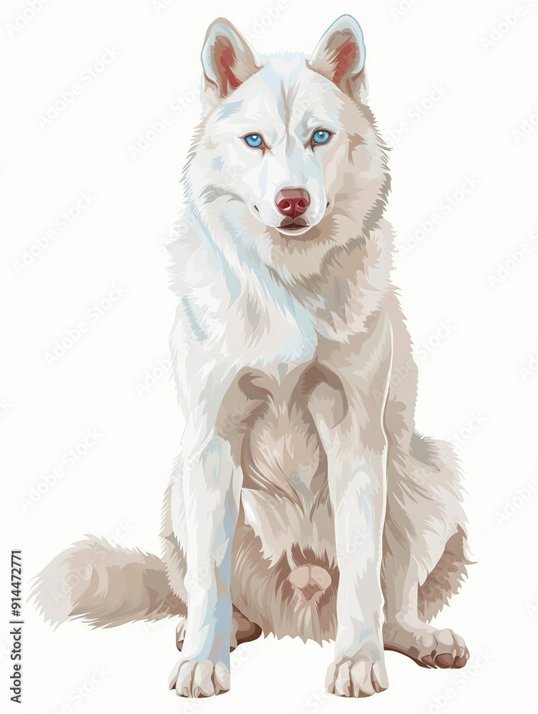 Cartoon Style Full Body Illustration of a White Siberian Husky with Heterochromia and a Red Nose in Watercolor Technique Cartoon Style Full Body Illustration of a White Siberian Husky with Heterochromia and a Red Nose in Watercolor Technique