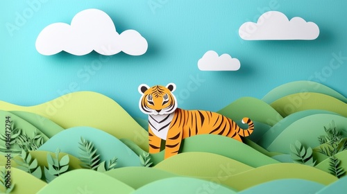 paper cut style illustration tiger colorful 3d filed green hills whimsical clouds photo