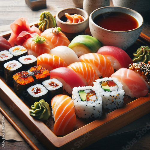 Sushi Rolls Delight A Wooden Presentation