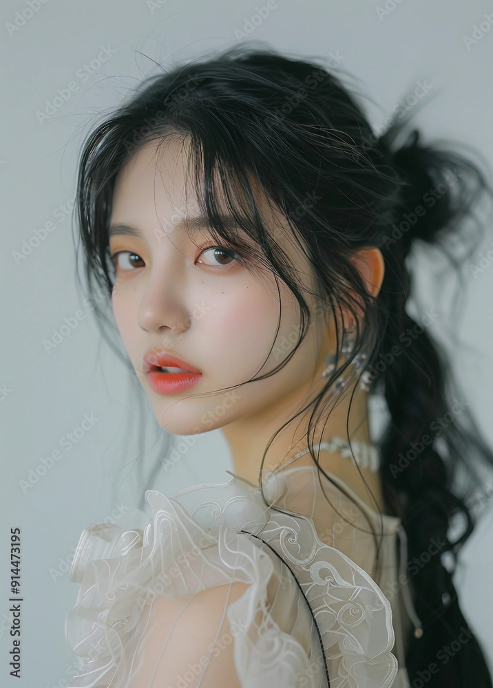Yeri with Single Ponytail Black Hair and Fair Skin Delicately Made Up Facing Camera Against White Background with Soft Lighting and Side Backlight Yeri with Single Ponytail Black Hair and Fair Skin Delicately Made Up Facing Camera Against White Background with Soft Lighting and Side Backlight