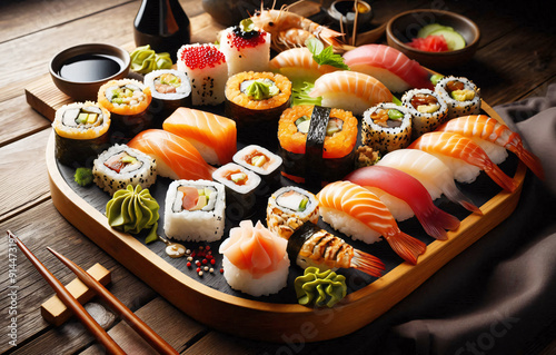 Artisan Sushi, A Feast of Rolls Elegantly Presented on a Wooden Tray