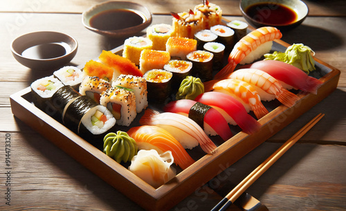 Nature Platter, A Delightful Array of Sushi Rolls Served on a Wooden Tray