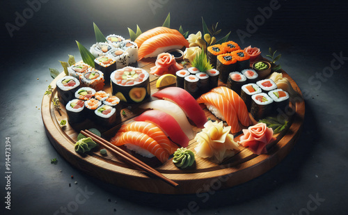 A Colorful Assortment of Sushi Rolls and Nigiri on a wooden Brown Plate