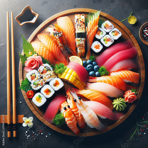 Rustic Charm An Exquisite Display of Sushi Rolls on a Handcrafted Round Wooden Tray