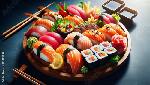 Wooden Tray Wonders, An Extravaganza of Sushi Rolls Crafted with Artistry