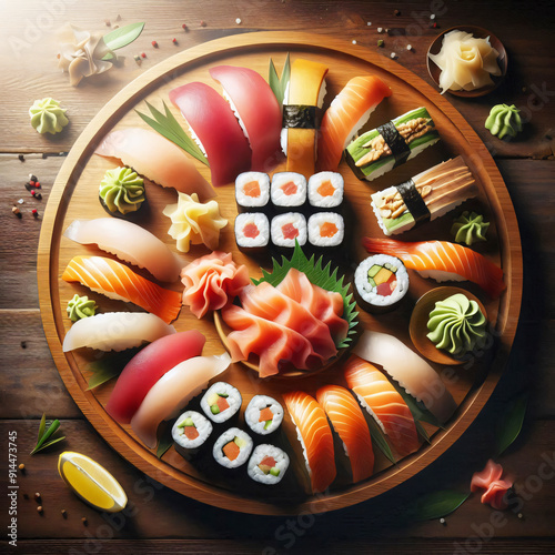 Sushi Rolls Presented with Elegance on a Wooden Tray