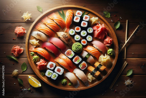 An Elegant Assortment of Sushi on a Classic Japanese Platter
