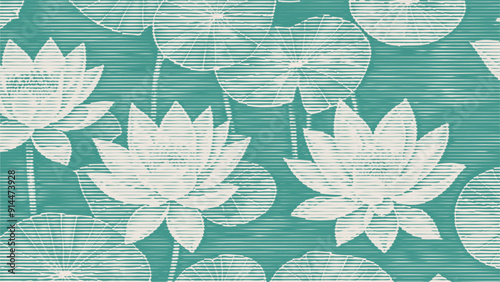 Lotus flowers halftone background, buds and leaves, vector illustration	