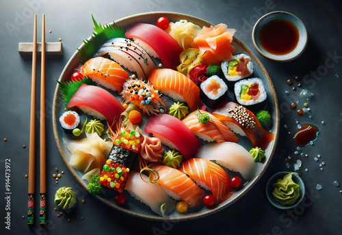 A Vibrant Presentation of Sushi Varieties on a Japanese Platter