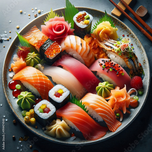 A Beautiful Display of Sushi Varieties on a Japanese Tray