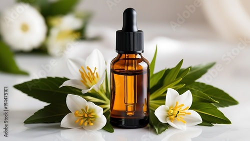  a small amber glass dropper bottle and essential oil with flower