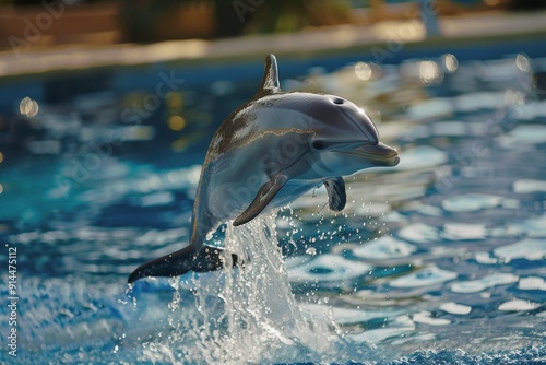 Witness the exuberance of a cheerful dolphin as it gracefully leaps out of the glistening water, showcasing its playful nature and love for the ocean. photo