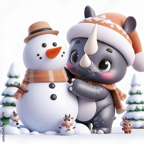 Cute rinho Build Snowman Cartoon , 3d  Generative AI photo