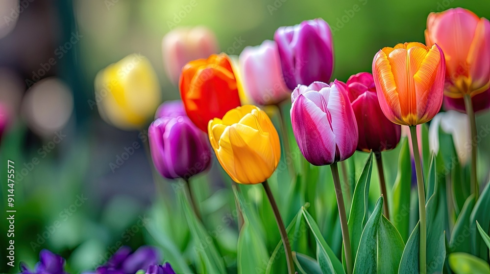 Fototapeta premium Vibrant tulips of different colors in a garden bed, providing a lively and cheerful background with plenty of space for text.