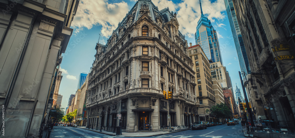 Historic Building at the Intersection of Busy Streets in Downtown Philadelphia on a Clear Day Historic Building at the Intersection of Busy Streets in Downtown Philadelphia on a Clear Day