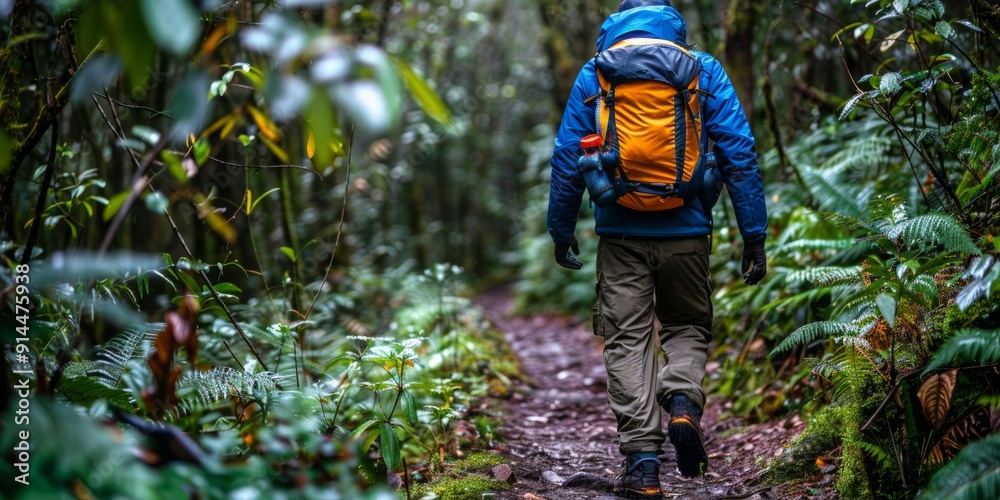 Ecotourism. Hiker in a blue jacket with an orange backpack walking through a lush forest trail, surrounded by dense greenery and ferns, capturing the spirit of adventure and nature exploration Ecotourism. Hiker in a blue jacket with an orange backpack walking through a lush forest trail, surrounded by dense greenery and ferns, capturing the spirit of adventure and nature exploration