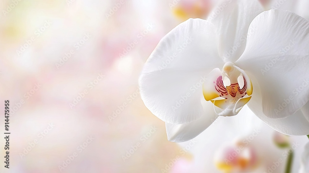 White orchid with a yellow and pink center in close-up, creating a delicate and beautiful background with ample copy space. White orchid with a yellow and pink center in close-up, creating a delicate and beautiful background with ample copy space.