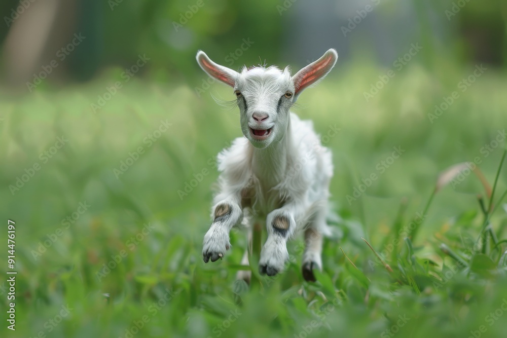 A cheerful goat leaps through the vibrant green pasture with joy and abandon. A cheerful goat leaps through the vibrant green pasture with joy and abandon.