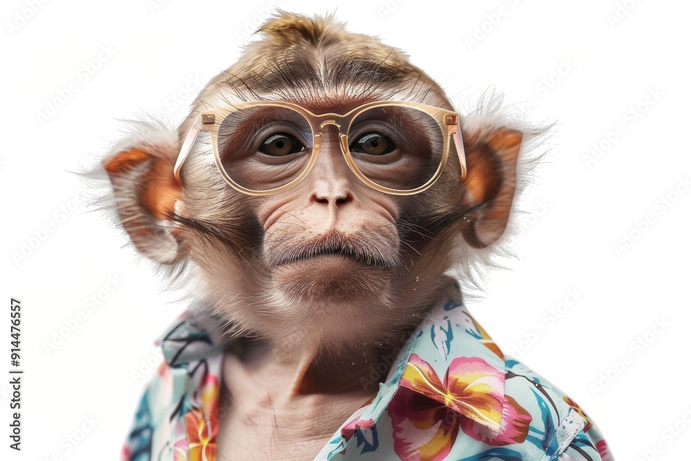 Get ready for some tropical monkey fun with this close-up shot of a cute primate wearing a tiny Hawaiian shirt and sunglasses, chilling on a sunny beach in Hawaii. Get ready for some tropical monkey fun with this close-up shot of a cute primate wearing a tiny Hawaiian shirt and sunglasses, chilling on a sunny beach in Hawaii.