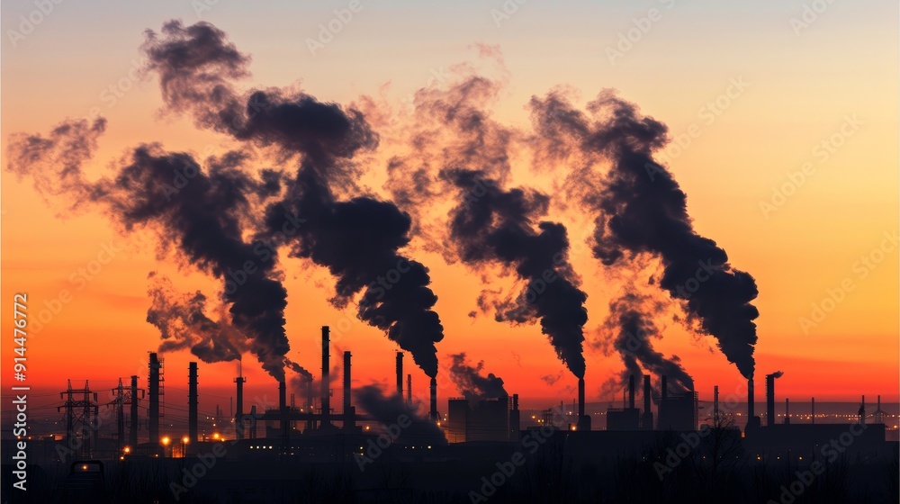 Fototapeta premium Industrial Smoke Stacks Emitting Pollution Against Sky, Environmental Impact