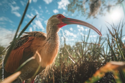 A red-legged ibis stands in a swamp, its bright feathers sparkling in the sun photo