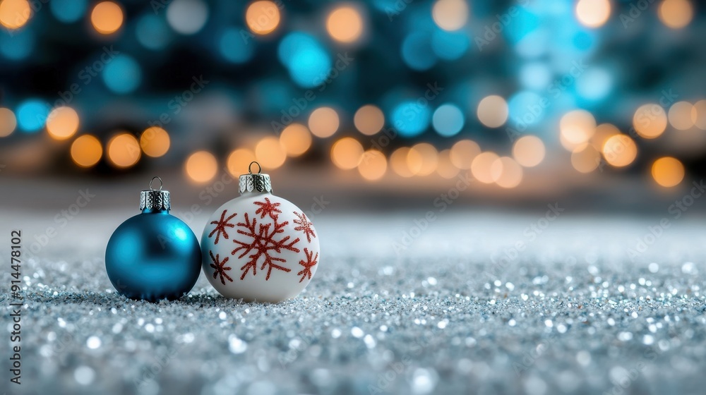 Fototapeta premium Close-up of festive Christmas ornaments on glittering snow, with a blurred bokeh background of blue and warm lights.