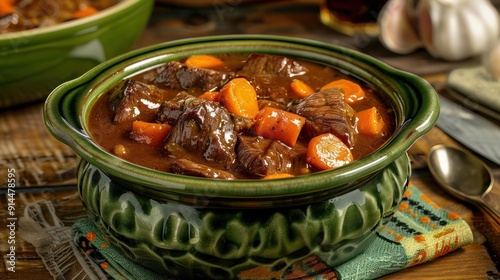 Large angle shot of a sharply focused, hearty beef stew in a green ceramic bowl, accented with bright orange carrots, in a cozy, rustic kitchen environment.