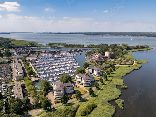 Aerial drone photo of the marina in the town of Huizen, the Netherlands.