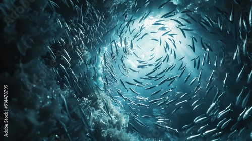 A swirling school of fish photo