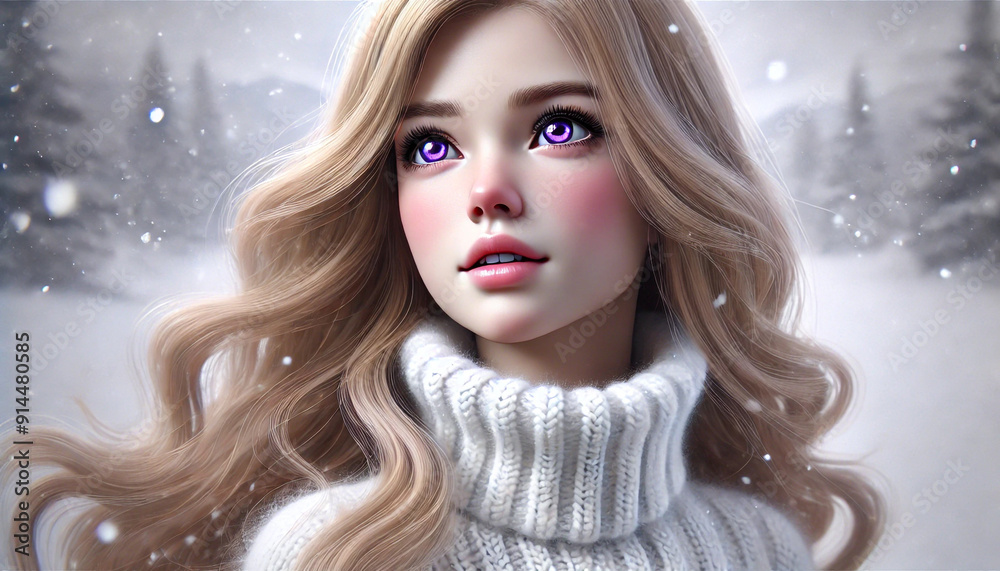 A girl with long blonde hair and purple eyes is wearing a white sweater. The image has a wintery feel to it, with snow and trees in the background A girl with long blonde hair and purple eyes is wearing a white sweater. The image has a wintery feel to it, with snow and trees in the background