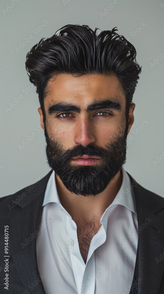 A man with a beard and a suit is standing in front of a white wall A man with a beard and a suit is standing in front of a white wall