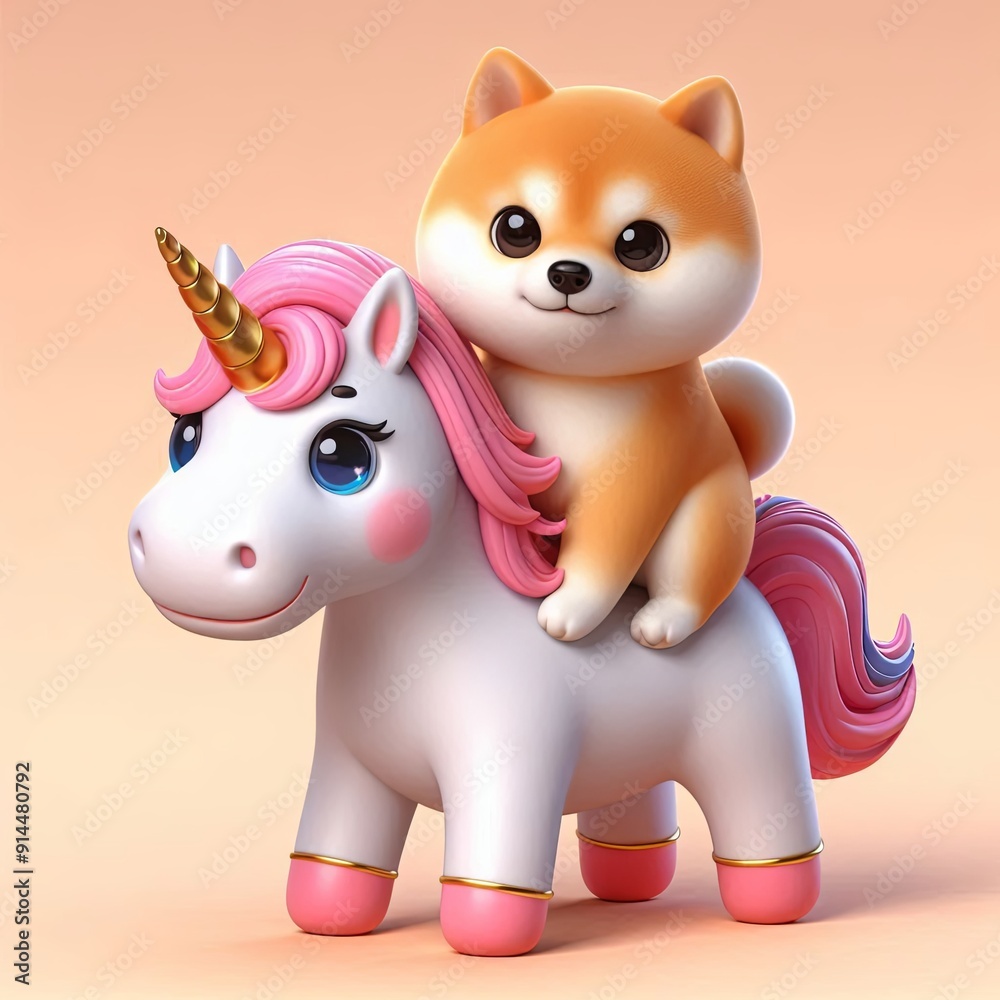 Cute Shiba Inu Dog Riding Unicorn Cartoon , 3d Generative aI