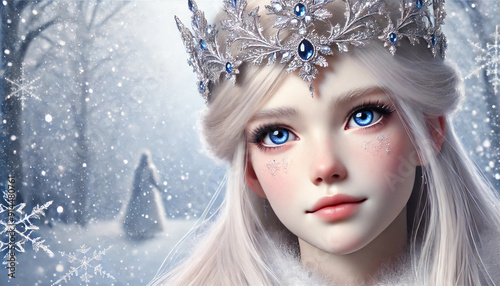 A young woman with a crown on her head is standing in a snowy forest. The image is a fantasy scene with a fairy tale feel