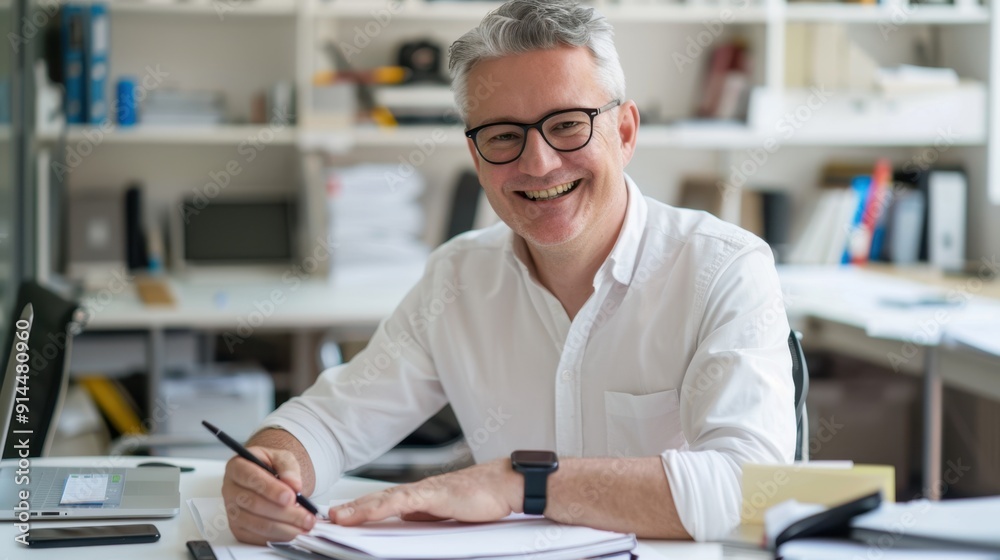 The smiling man at desk The smiling man at desk