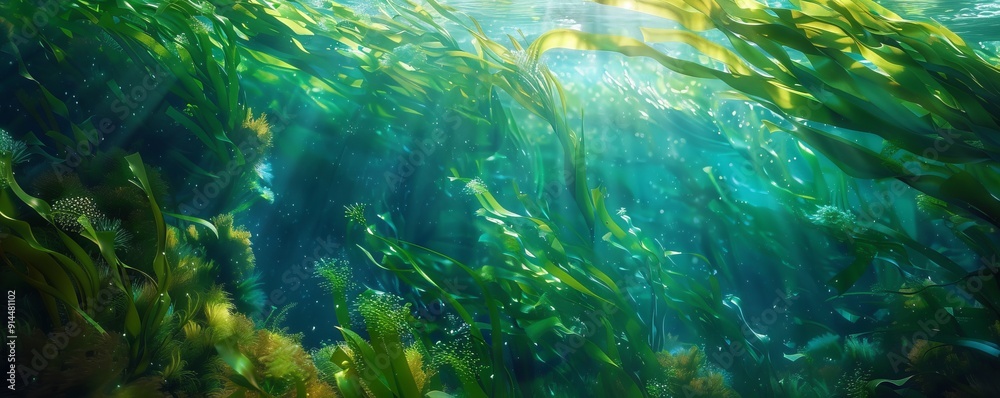 Obraz premium Tranquil kelp forest swaying gently in the currents, 4K hyperrealistic photo