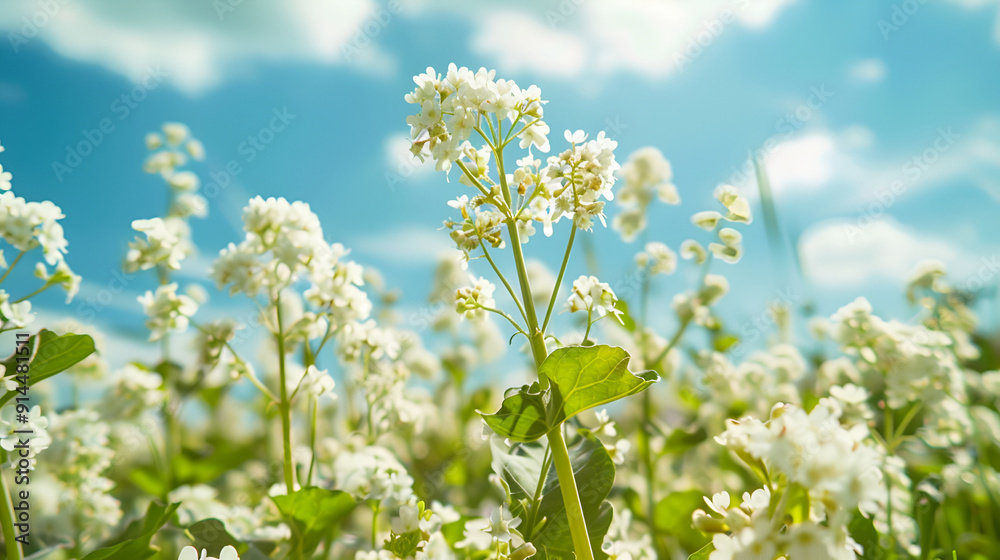 Buckwheat fields with blue sky in background ,field of flowering buckwheat against the sky with clouds ,with ecological production of natural products Buckwheat fields with blue sky in background ,field of flowering buckwheat against the sky with clouds ,with ecological production of natural products