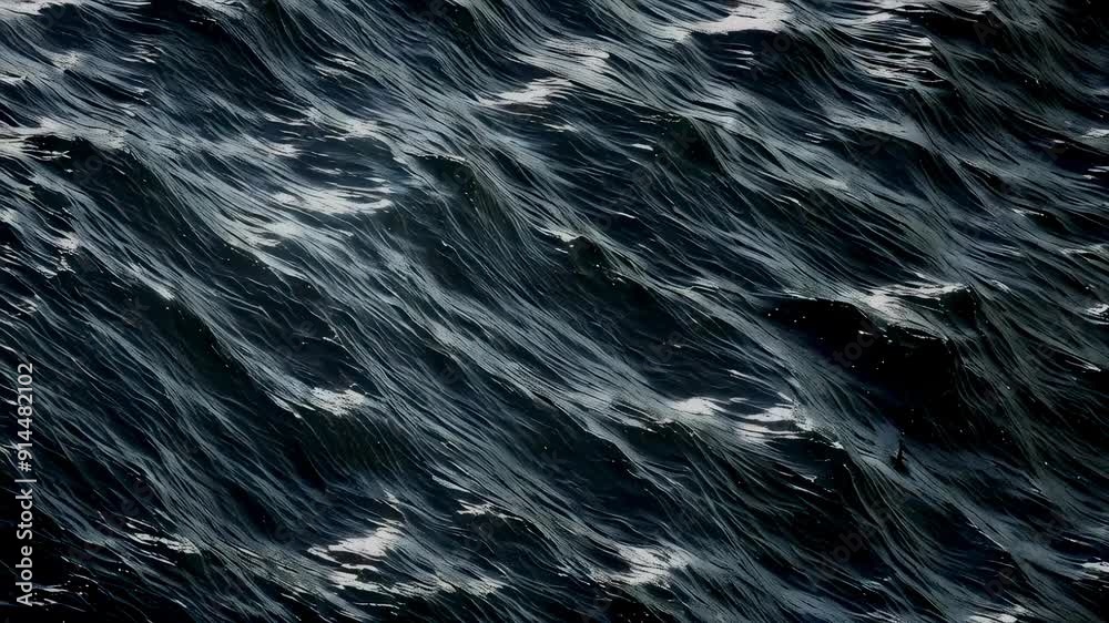 A close-up view of dark ocean waves reflecting light at night. The water appears textured and shimmering, creating a moody, dramatic effect. The scene exudes tranquility and power.