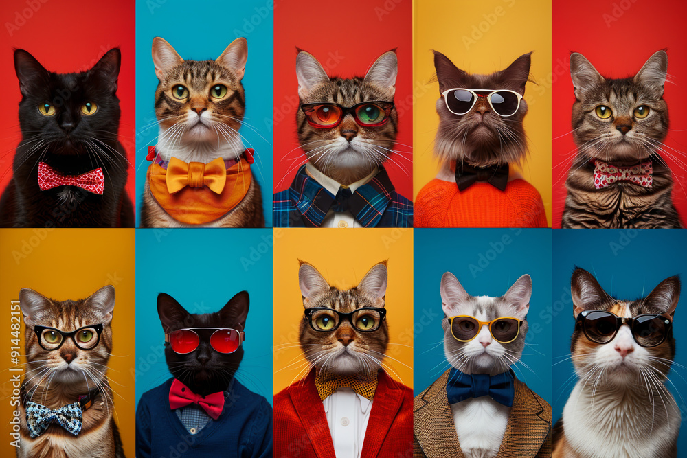 Fototapeta premium A series of cats wearing glasses and bow ties